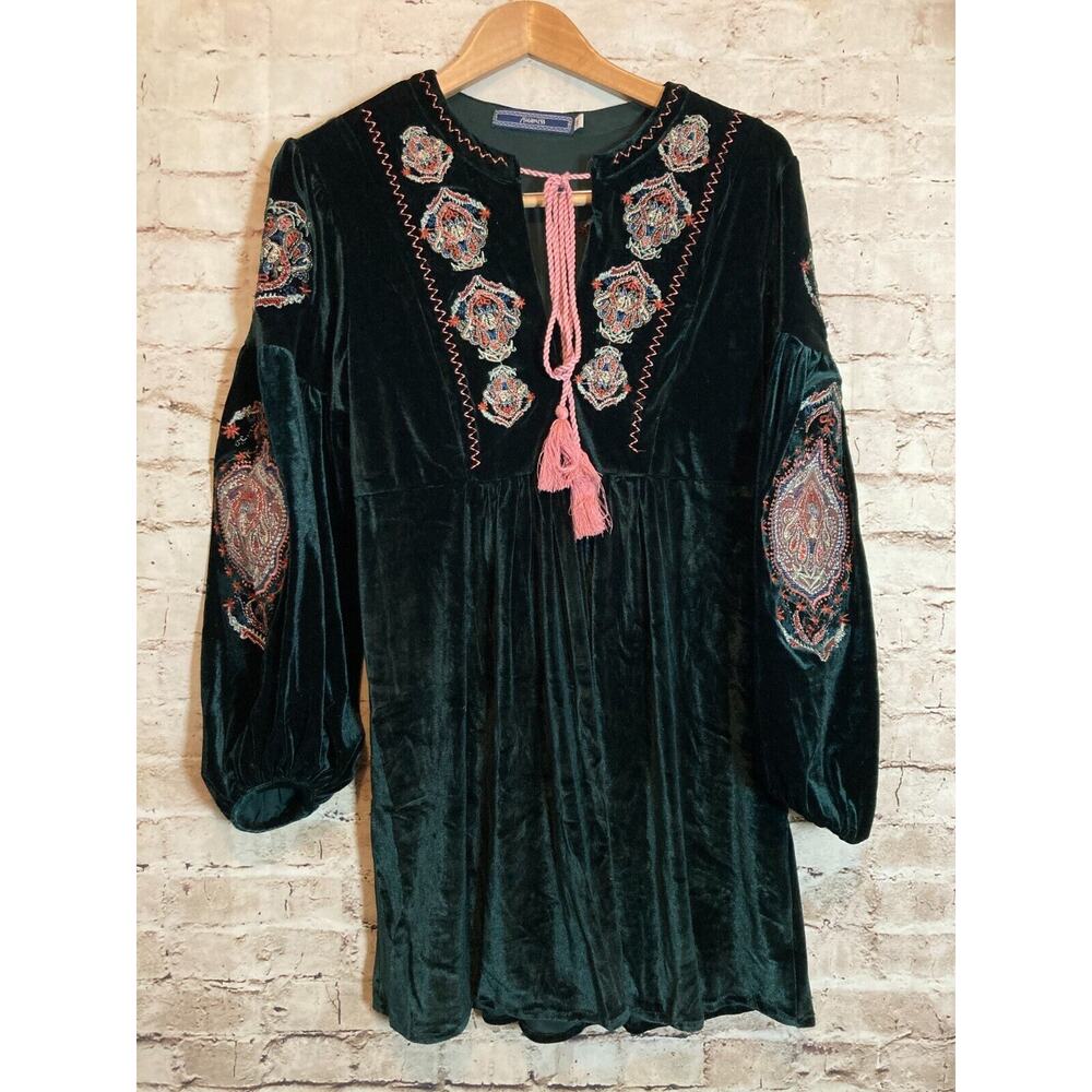 Highness Peasant Top Womens 3X Forest Green Velvet Embroidered Babydoll Boho